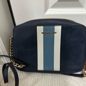 Michael Kors Blue and White Crossbody Bag with Gold Chain
